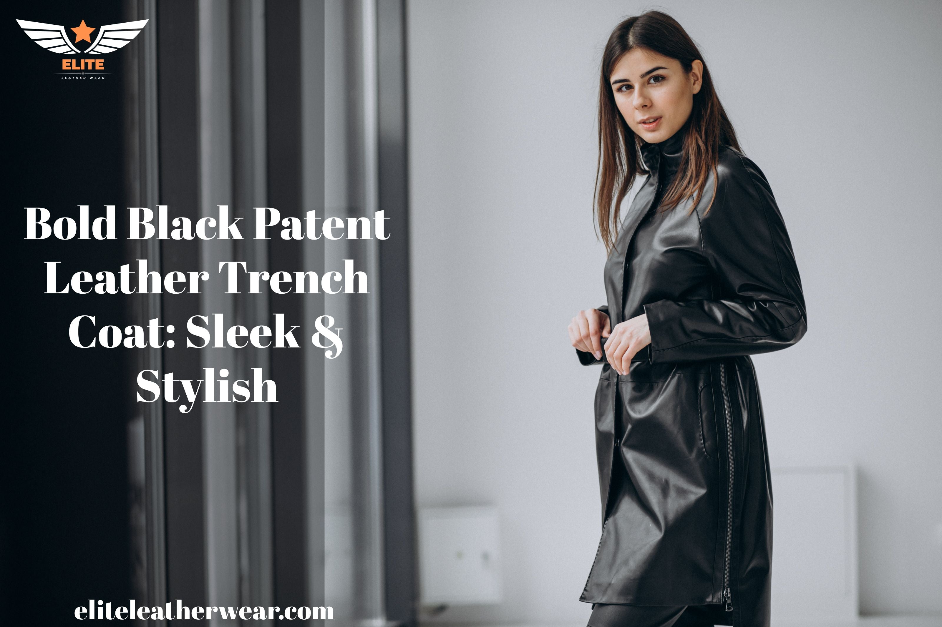 Bold Black Patent Leather Trench Coat Sleek Stylish Elite Leather Wear