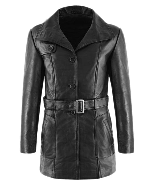 Three Quarter Black Genuine Leather Trench Coat For Women