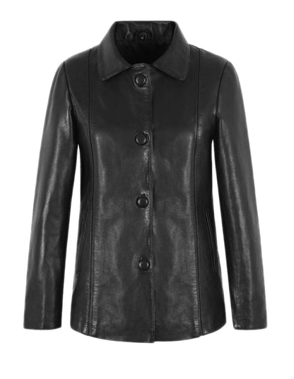 Four Button Three Quarter Leather Coat For Women