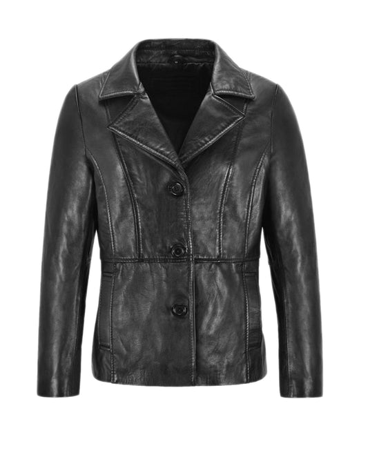 Women's Three Button Black Leather Blazer Coat