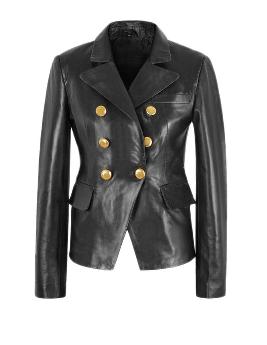 Women's Golden Button Black Leather Blazer Coat