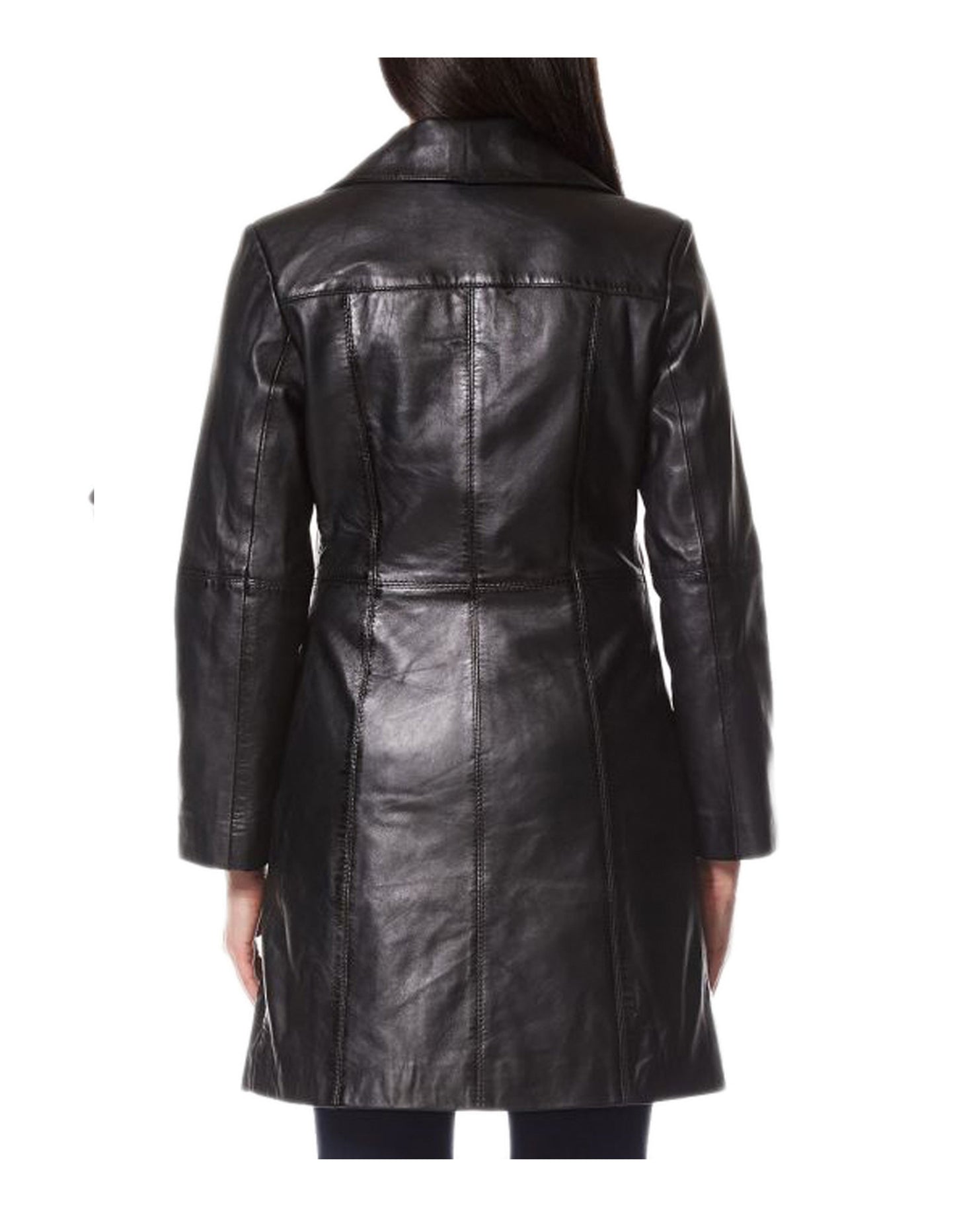 Three Quarter Black Leather Trench Coat For Women