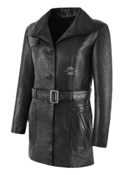 Three Quarter Black Genuine Leather Trench Coat For Women