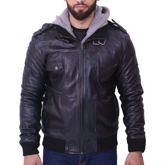 Men Black Leather Casual Motorcycle Jacket with Removable Hood