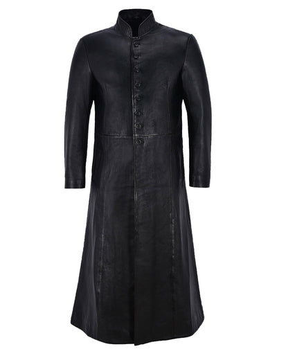 Black Long Leather Trench Coat For Men