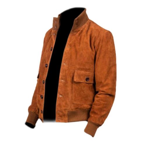 Men's Brown Bomber Biker Motorcycle Real Genuine Suede Leather Jacket