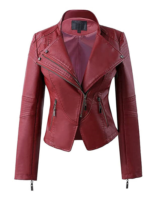 Womens Maroon Biker Motorcycle Leather Jacket