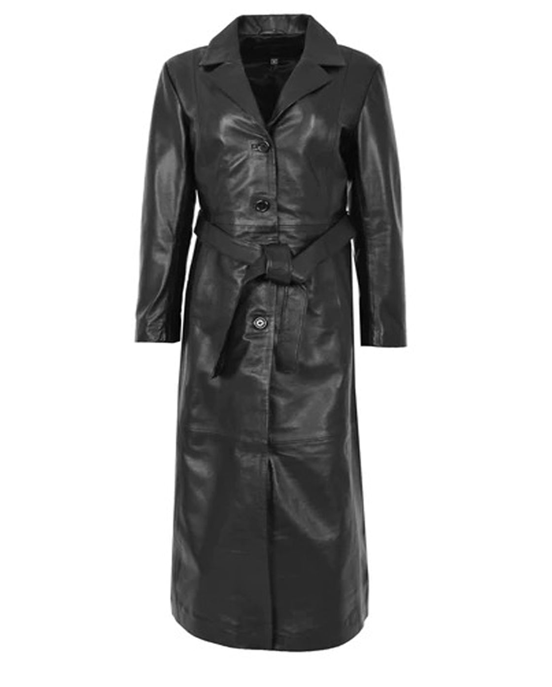 Black Belted Leather Trench Coat For Women