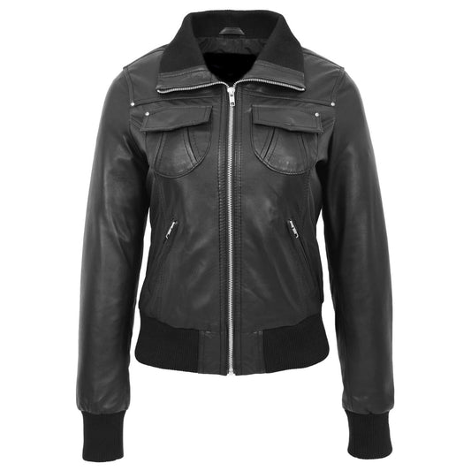 Bomber Black Leather Jacket For Women