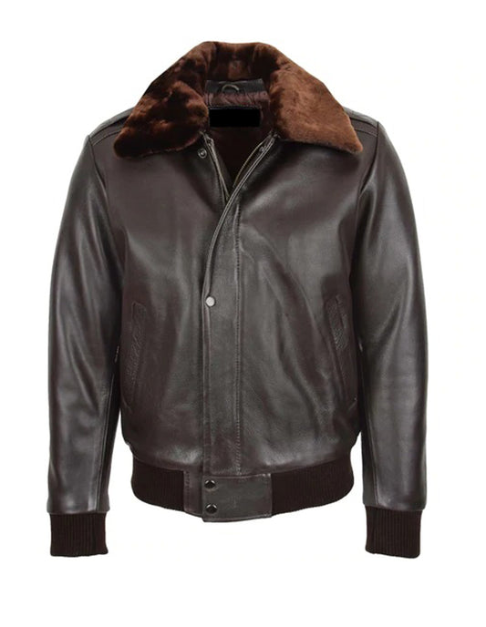 Mens Brown A2 Bomber Fur Collar Sheepskin Leather Jacket