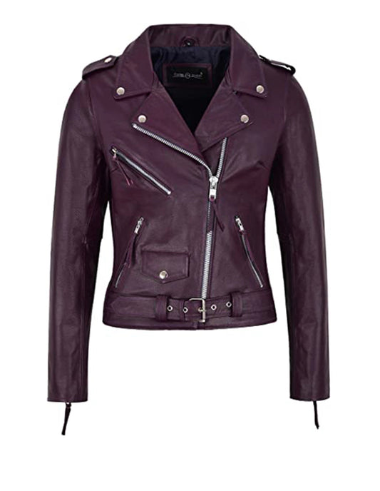 Women's Purple Biker Motorcycle Sheepskin Leather Jacket