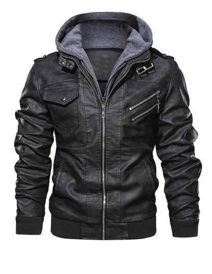 Men Black Leather Motorcycle Jacket with Removable Hood