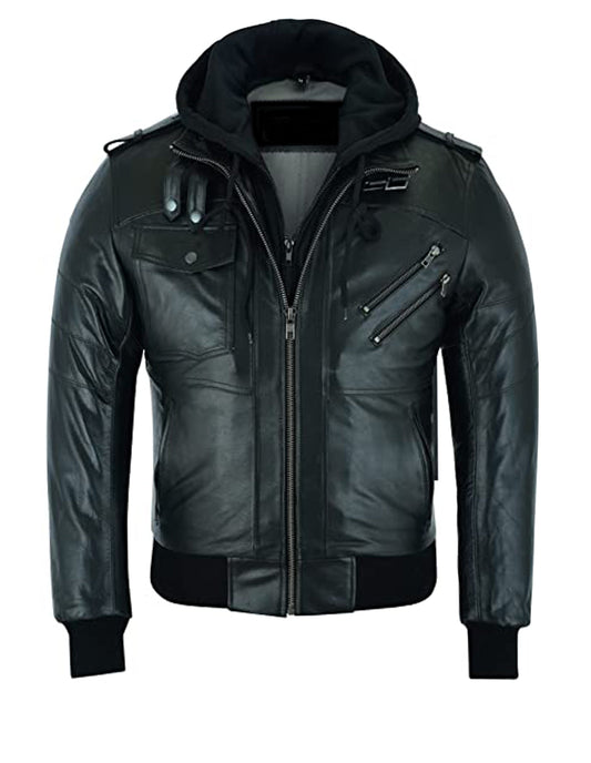 Men Black Leather Motorcycle Jacket with Removable Hood