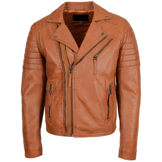 Mens Tan Biker Genuine Leather Jacket