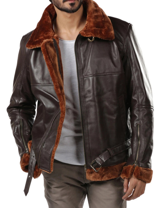 B3 Bomber New Mens Brown Bomber Faux Fur Leather Jacket