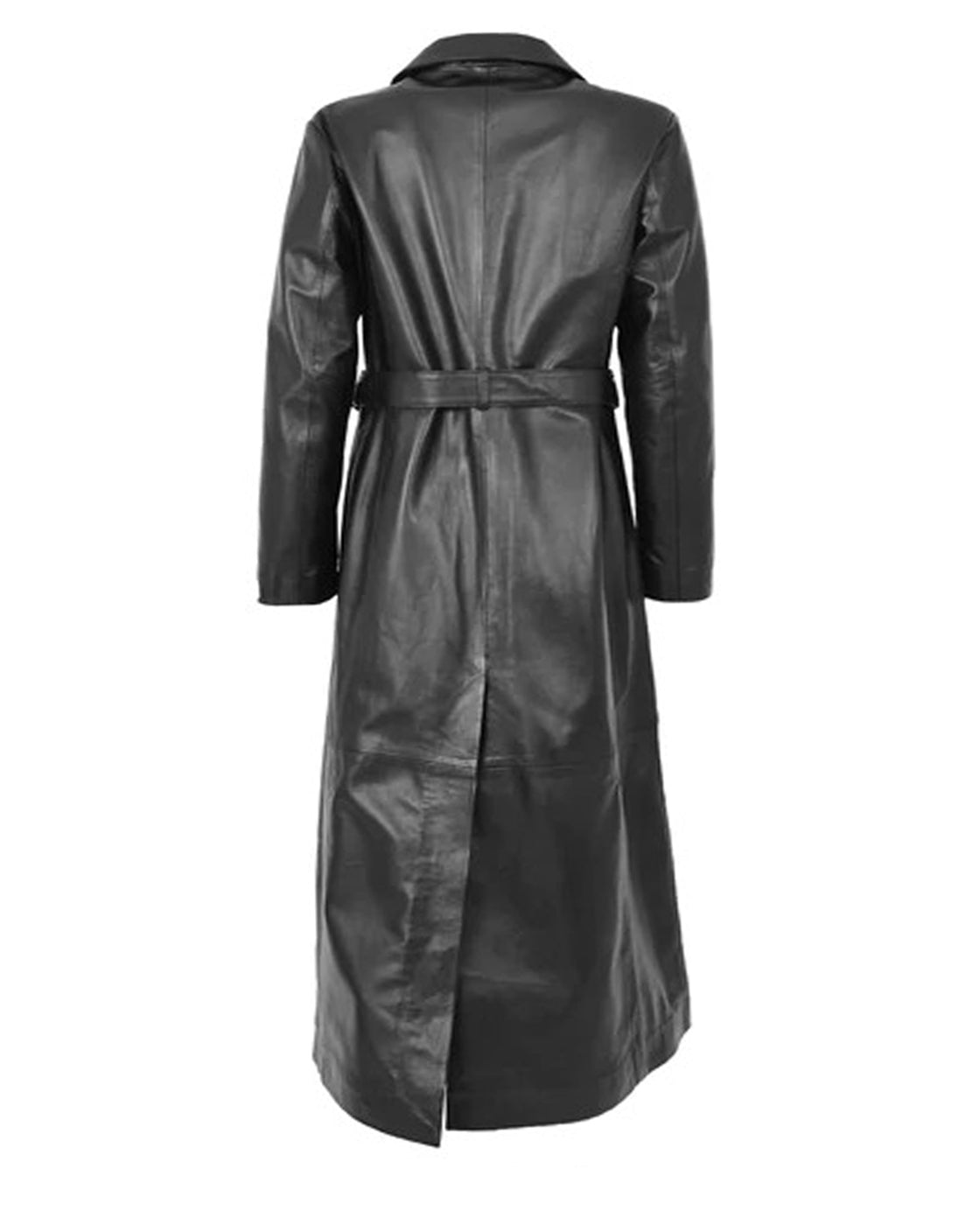 Black Belted Leather Trench Coat For Women