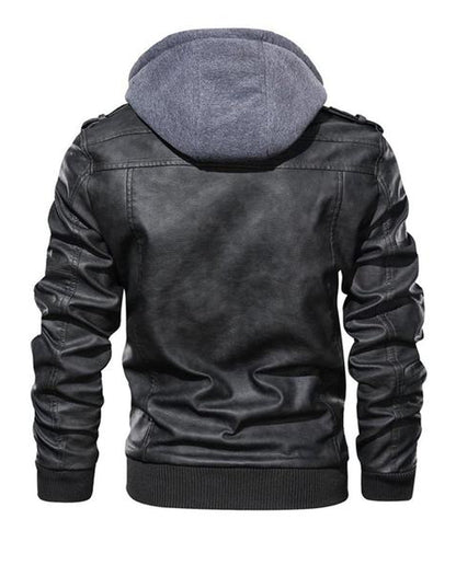 Men Black Leather Motorcycle Jacket with Removable Hood