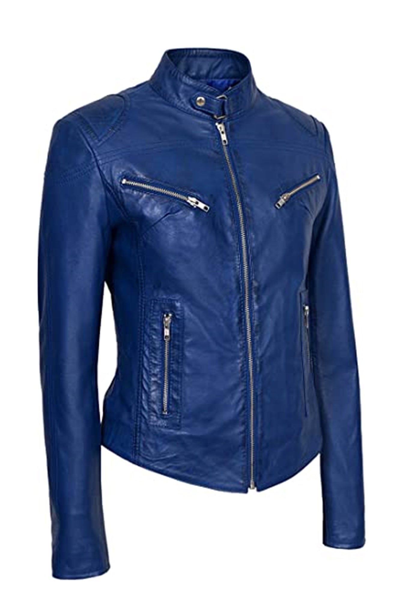 Women's Blue Basic Four Pocket Leather Jacket