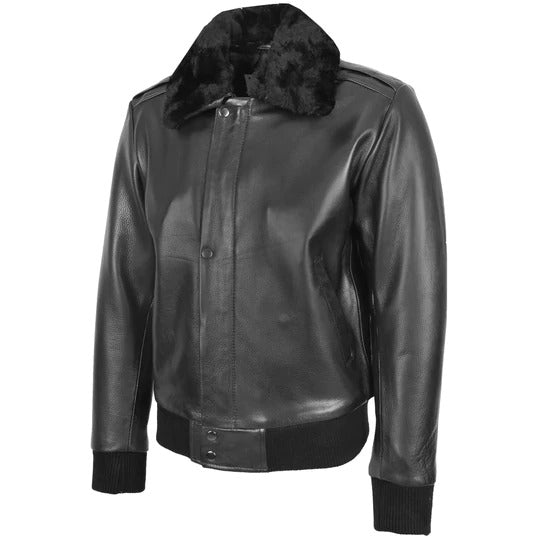 Mens Black A2 Bomber Fur Collar Sheepskin Leather Jacket