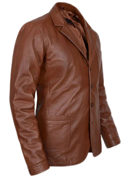 Brown Vintage Waxed Mens Classic Sheepskin Leather Blazer