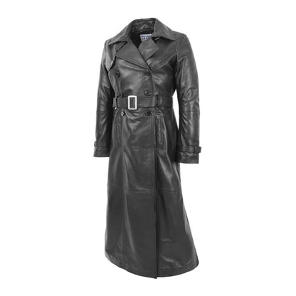 German Black Belted Leather Trench Coat For Women