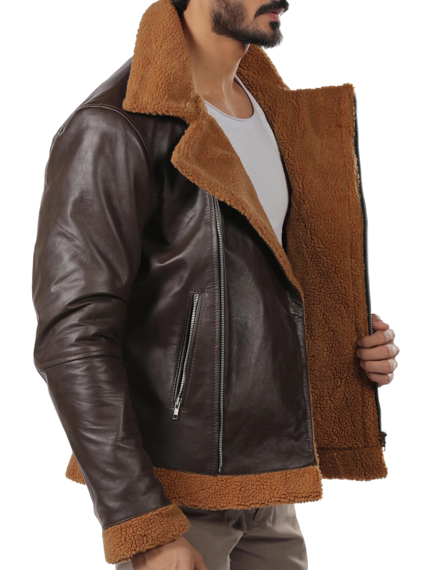 B3 Bomber New Mens Brown Bomber Faux Fur Leather Jacket