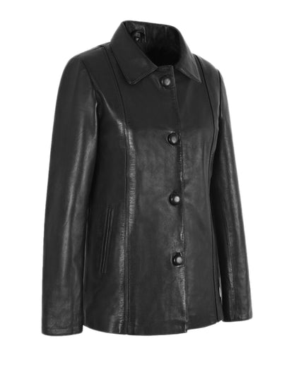 Four Button Three Quarter Leather Coat For Women