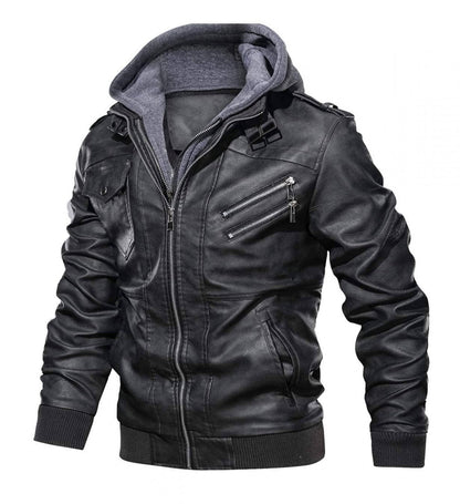 Men Black Leather Motorcycle Jacket with Removable Hood