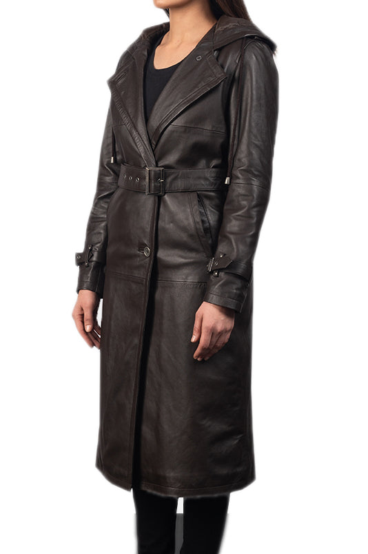 Brown Classic Leather Trench Coat For Women