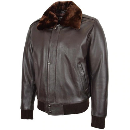 Mens Brown A2 Bomber Fur Collar Sheepskin Leather Jacket