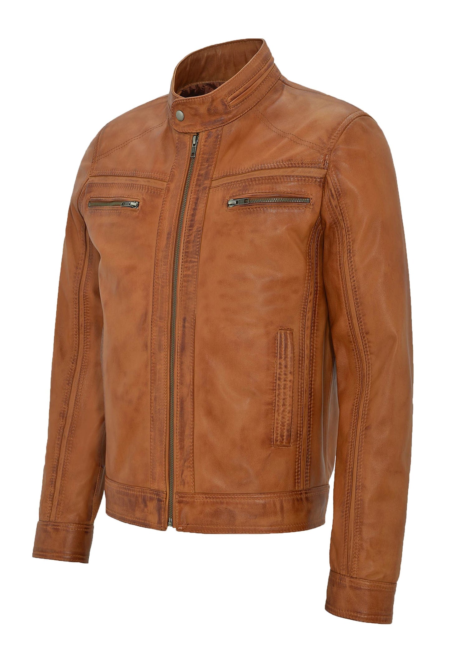 Distressed Tan Leather Motorcycle Jacket For Men