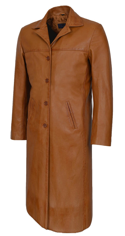 Tan Leather Trench Coat For Men