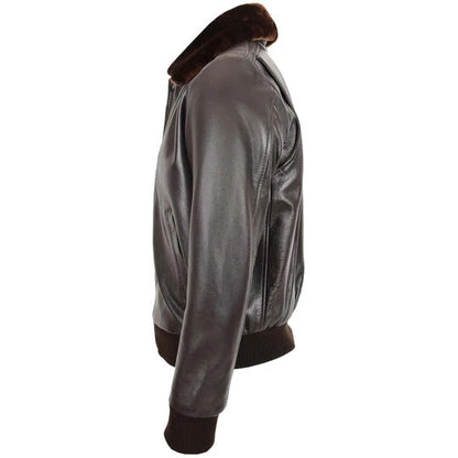 Mens Brown A2 Bomber Fur Collar Sheepskin Leather Jacket