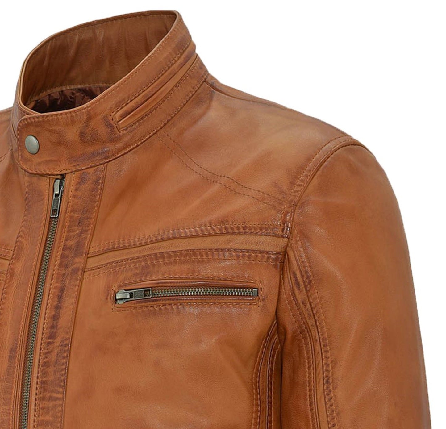 Distressed Tan Leather Motorcycle Jacket For Men