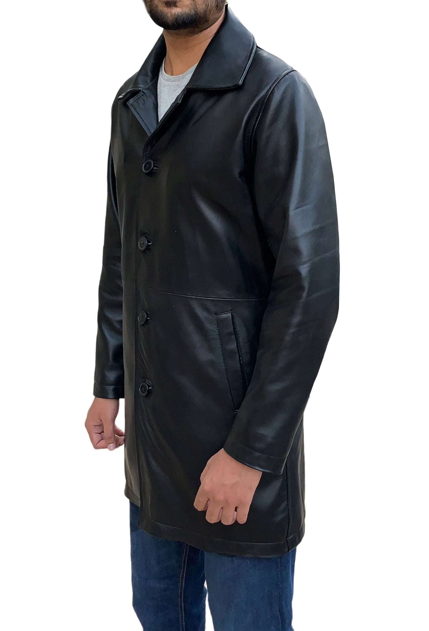 Three Quarter Black Sheepskin Leather Coat For Men