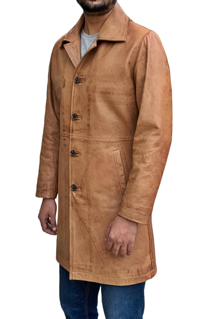 Two Quarter Wax Brown Leather Coat For Men