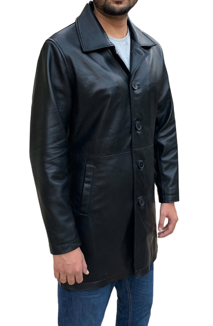 Three Quarter Black Sheepskin Leather Coat For Men