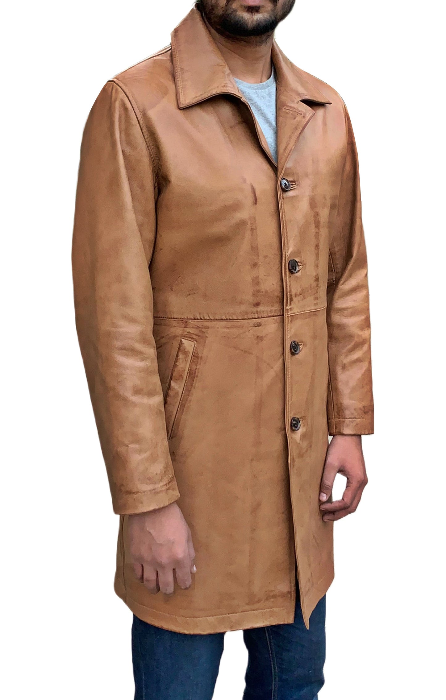 Two Quarter Wax Brown Leather Coat For Men