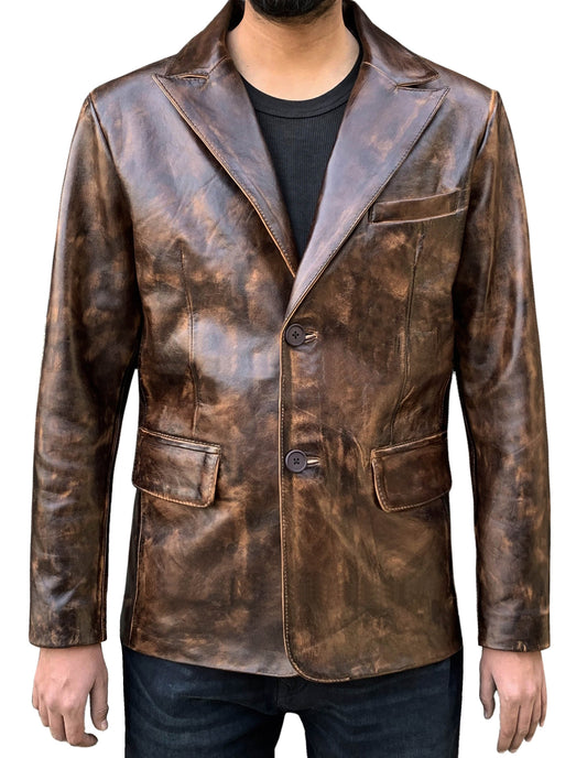 Distress Brown Leather Blazer For Men