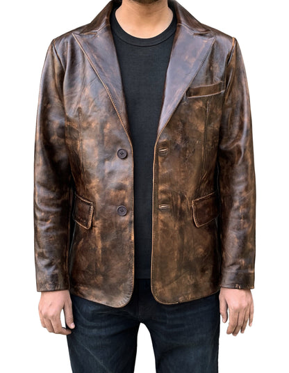 Distress Brown Leather Blazer For Men