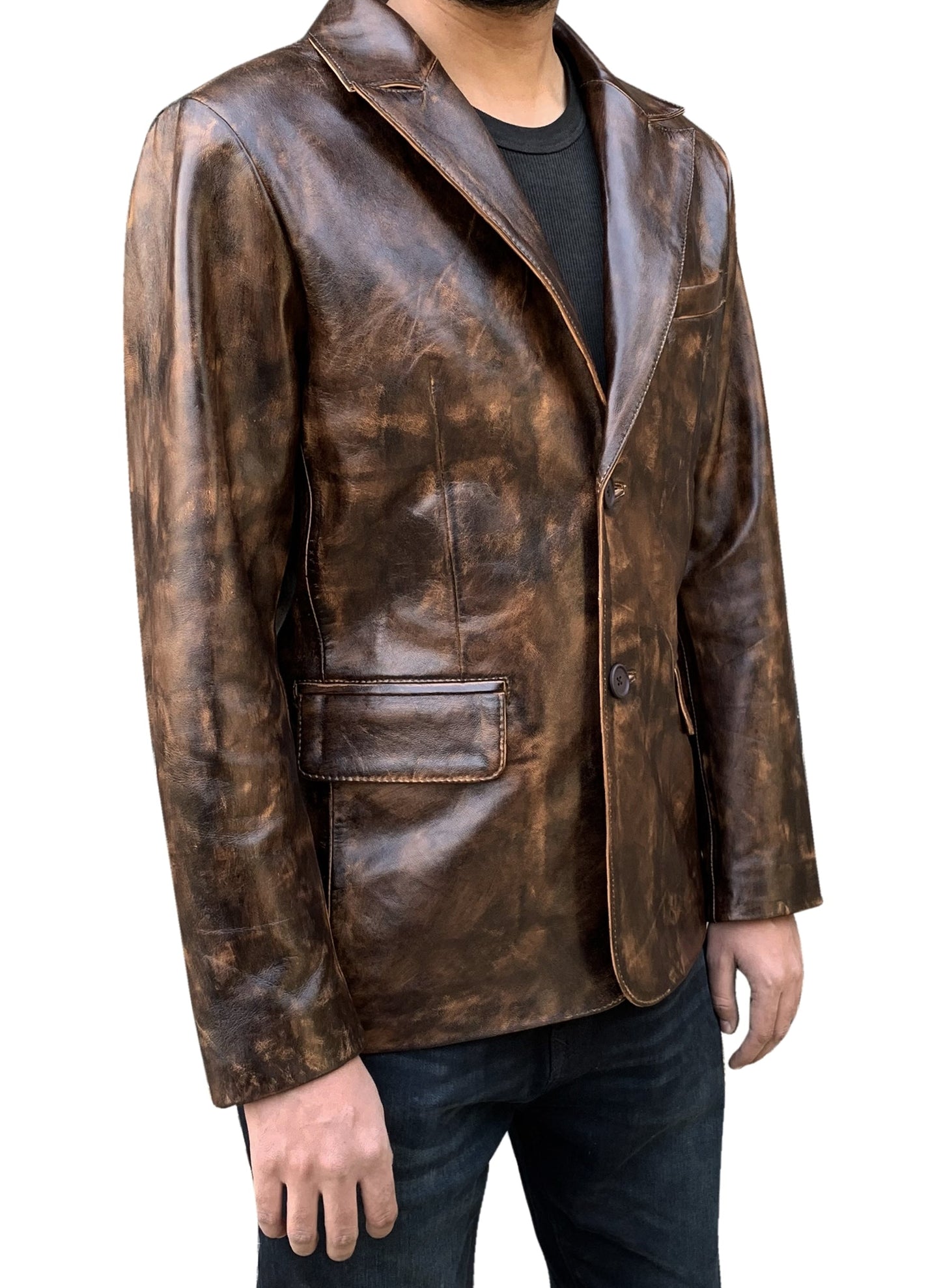 Distress Brown Leather Blazer For Men