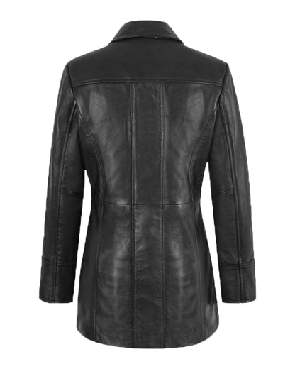 Black Casual Three Quarter Leather Trench Coat For Women