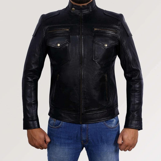 Mens Real Leather Plain Black Motorcycle Jacket